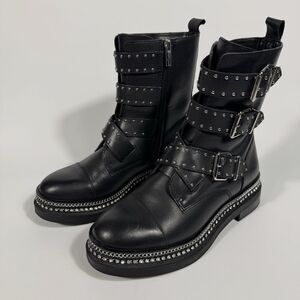 Vince Camuto Womens Black Eyelet Bling Maeva Block Heel Leather Bootie 8M Biker